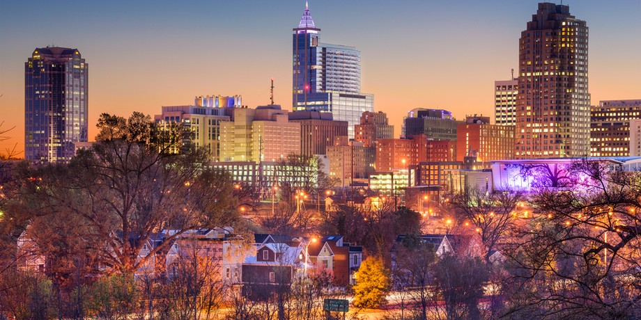 CrescentRidge residential community with the Raleigh, North Carolina skyline at dusk